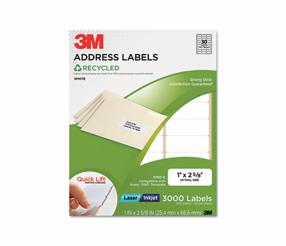 MMM3700C Permanent Adhesive White Recycled Mailing Label f/Printer, 1 x 2-5/8, 3000/Pack By 3M/COMMERCIAL TAPE DIV.
