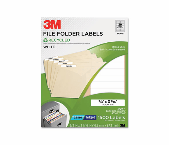 MMM3700F Permanent Adhesive White Recycled Mailing Labels, 2/3 x 3-7/16, 1500/Pack By 3M/COMMERCIAL TAPE DIV.
