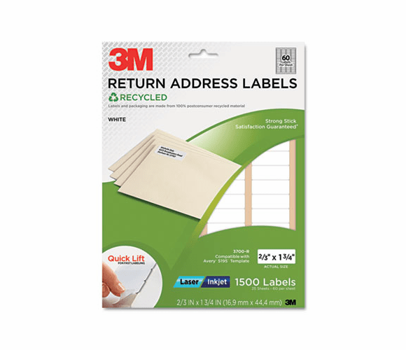 MMM3700R Permanent Adhesive White Recycled Mailing Labels, 2/3 x 1-3/4, 1500/Pack By 3M/COMMERCIAL TAPE DIV.