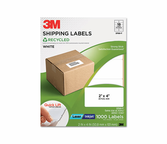 MMM3700T Permanent Adhesive White Recycled Mailing Labels, 2 x 4, 1000/Pack By 3M/COMMERCIAL TAPE DIV.