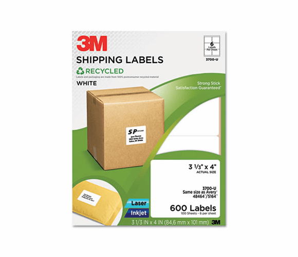 MMM3700U Permanent Adhesive White Recycled Mailing Labels, 3-1/3 x 4, 600/Pack By 3M/COMMERCIAL TAPE DIV.