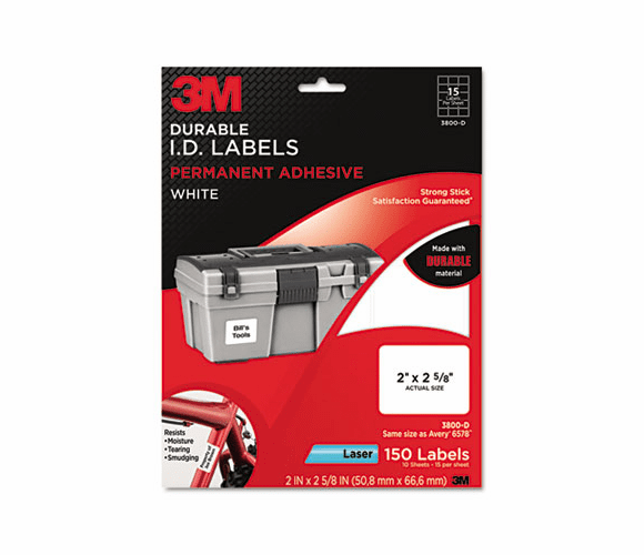 MMM3800D Permanent Adhesive White Durable ID Labels, 2 x 2-5/8, 150 Labels/Pack By 3M/COMMERCIAL TAPE DIV.