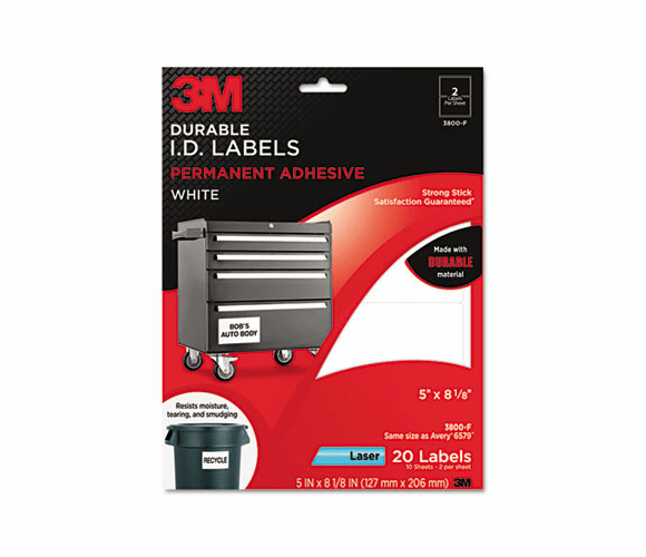 MMM3800F Permanent Adhesive White Durable ID Labels, 5 x 8-1/8, 20 Labels/Pack By 3M/COMMERCIAL TAPE DIV.