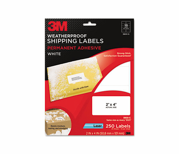 MMM3800S Permanent Adhesive White Weatherproof Address Labels, 2 x 4, 250 Labels/Pack By 3M/COMMERCIAL TAPE DIV.