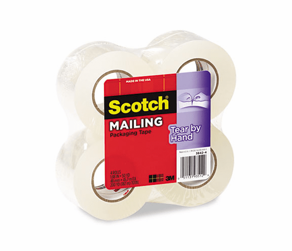 MMM38424 Tear-By-Hand Packaging Tape, 1.88" x 50 yards, 1-1/2" Core, Clear, 4/Box By 3M/COMMERCIAL TAPE DIV.