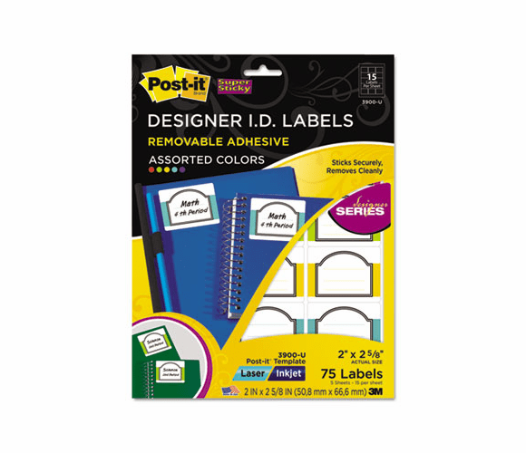 MMM3900U Designer Series Removable ID Labels, 2 x 2-5/8, Assorted, 75/Pack By 3M/COMMERCIAL TAPE DIV.