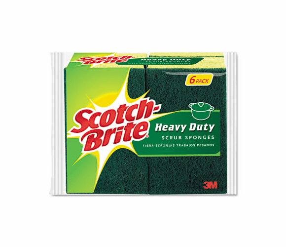 MMM426 Heavy-Duty Scrub Sponge, 4 1/2" x 2 7/10" x 6/10", Green/Yellow, 6/Pack By 3M/COMMERCIAL TAPE DIV.