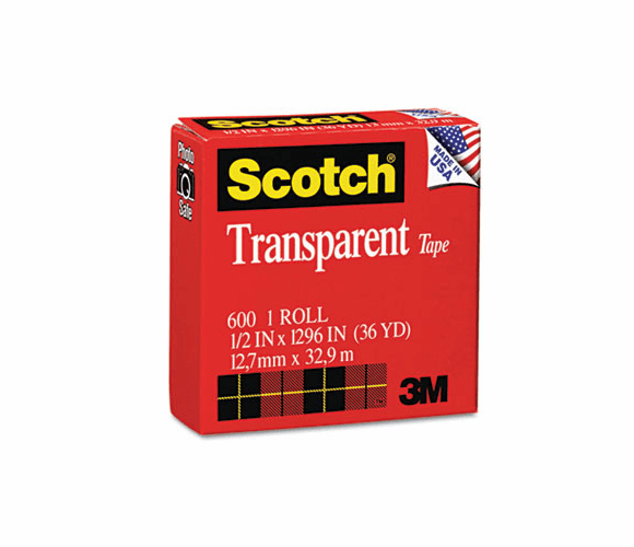MMM600121296 Transparent Tape, 1/2" x 1296", 1" Core, Clear By 3M/COMMERCIAL TAPE DIV.