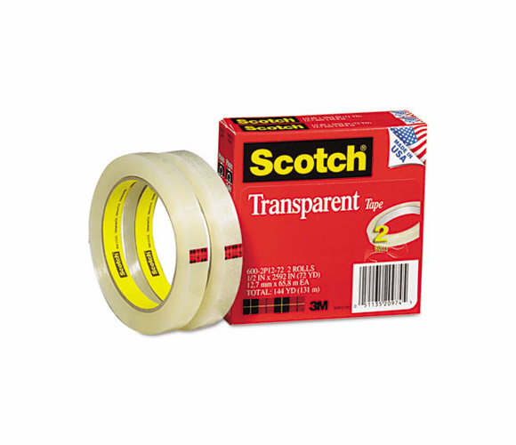 MMM6002P1272 Transparent Tape 600-2P12-72, 1/2" x 2592", 3" Core, Transparent, 2 Rolls By 3M/COMMERCIAL TAPE DIV.