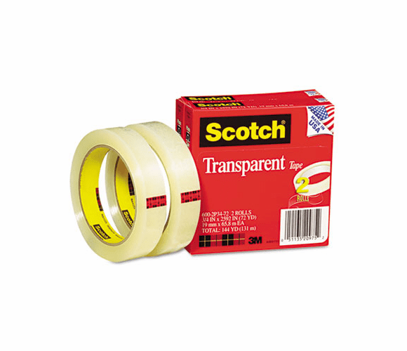 MMM6002P3472 Transparent Tape 600-2P34-72, 3/4" x 2592", 3" Core, Transparent, 2 Rolls By 3M/COMMERCIAL TAPE DIV.