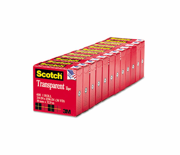 MMM600K12 Transparent Tape, 3/4" x 1000", 1" Core, Clear, 12/Pack By 3M/COMMERCIAL TAPE DIV.