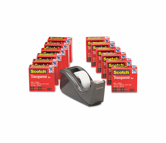 MMM600KC60 Transparent Tape Dispenser Value Pack, 1" core, Black, 12 Rolls By 3M/COMMERCIAL TAPE DIV.