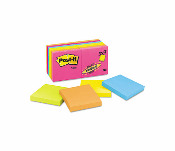 MMM65414AN Original Pads in Neon Colors, 3 x 3, Five Neon Colors, 14 100-Sheet Pads/Pack By 3M/COMMERCIAL TAPE DIV.