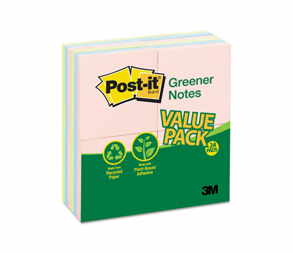 MMM654RP24AP Original Recycled Note Pads, 100 3 x 3 Sheets, Sunwashed Pier, 24 Pads/Pack By 3M/COMMERCIAL TAPE DIV.
