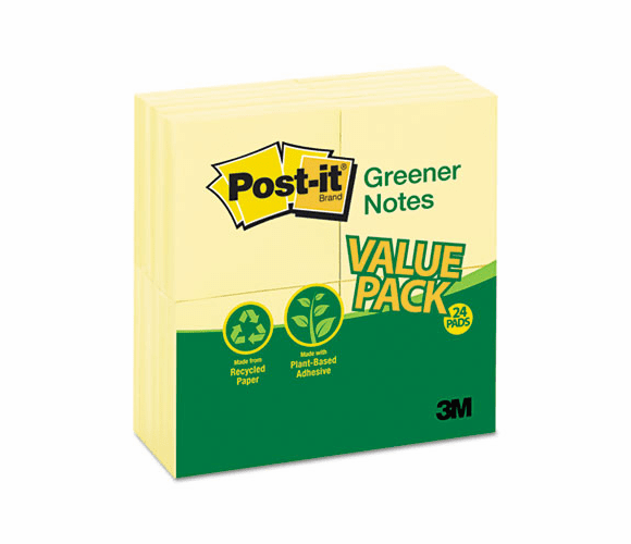 MMM654RP24YW Original Recycled Note Pads, 100 3 x 3 Sheets, Canary Yellow, 24 Pads/Pack By 3M/COMMERCIAL TAPE DIV.