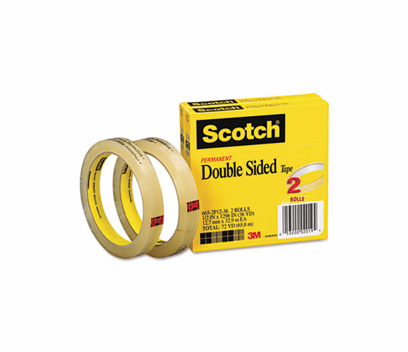 MMM6652P1236 665 Double-Sided Tape, 1/2" x 1296", 3" core, Transparent, 2 Rolls By 3M/COMMERCIAL TAPE DIV.