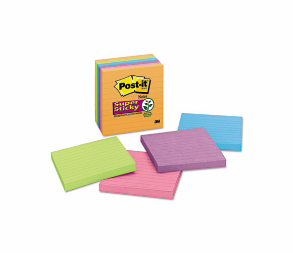 MMM6756SSAN Super Sticky Notes, 4 x 4, Lined, 5 Electric Glow Colors, 6 90-Sheet Pads/Pack By 3M/COMMERCIAL TAPE DIV.