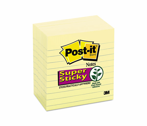 MMM6756SSCY Super Sticky Notes, 4 x 4, Lined, Canary Yellow, 6 90-Sheet Pads/Pack By 3M/COMMERCIAL TAPE DIV.