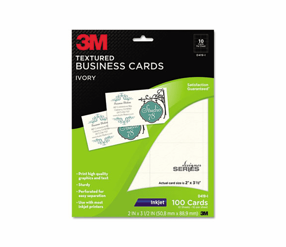 MMMD419I Inkjet Textured Business Cards, 2 x 3 1/2, White, 100/PK By 3M/COMMERCIAL TAPE DIV.
