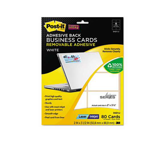 MMMD421LI Adhesive Back Business Cards, 2 x 3 1/2, White, 80/PK By 3M/COMMERCIAL TAPE DIV.