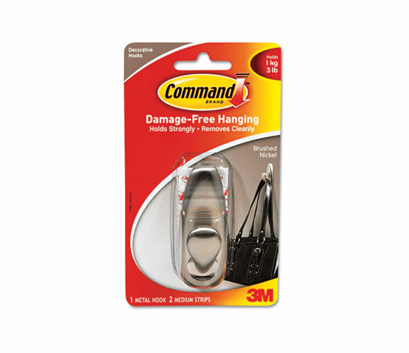 MMMFC12BN Adhesive Mount Metal Hook, Medium, Brushed Nickel Finish By 3M/COMMERCIAL TAPE DIV.