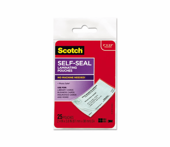 MMMLS851G Self-Sealing Laminating Pouches, 9.5 mil, 2 7/16 x 3 7/8, Business Card Size, 25 By 3M/COMMERCIAL TAPE DIV.