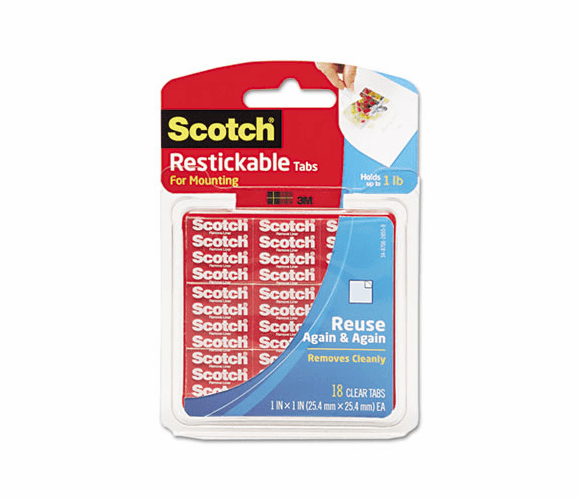 MMMR100 Restickable Mounting Tabs, 1 x 1, Clear, 18/Pack By 3M/COMMERCIAL TAPE DIV.
