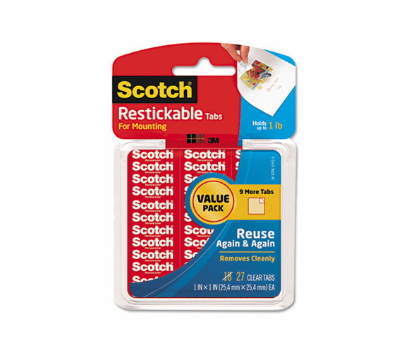 MMMR100VPC Restickable Mounting Tabs, 1 x 1, Clear, 27/Pack By 3M/COMMERCIAL TAPE DIV.