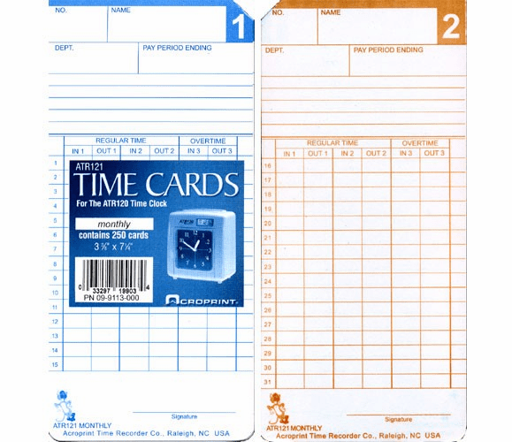 Monthly/Semi-Monthly Time Cards for ATR120 (250) By Acroprint