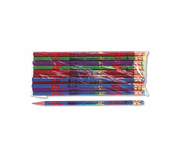 MPD7904B Decorated Wood Pencil, Happy Birthday, #2, BLK/BE/GN/PE/RD, Dozen By MOON PRODUCTS