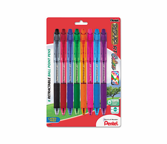 PENBK93CRBP8M R.S.V.P. RT Ballpoint Retractable Pen, Assorted Ink, 8/Pk By PENTEL OF AMERICA