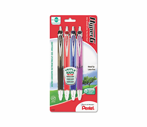 PENKL257BP4M Hyper-G Roller Ball Retractable Gel Pen, Assorted Ink, Medium, 4/Pack By PENTEL OF AMERICA