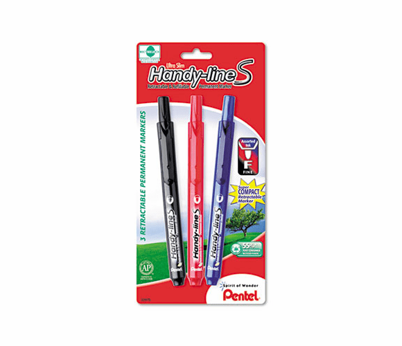 PENNXS15BP3M Handy-line S Retractable Permanent Markers, Fine Tip, Assorted Colors, 3/Pack By PENTEL OF AMERICA