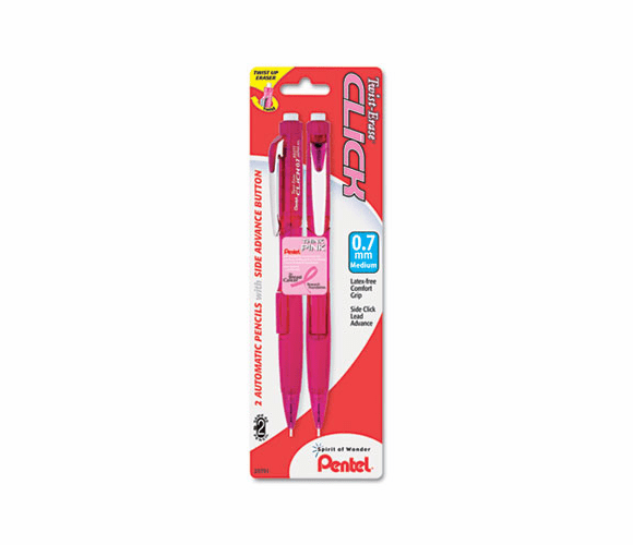 PENPD277TBP2PBC Pink Ribbon Twist-Erase CLICK Mechanical Pencil, 0.7 mm, 2/Pk By PENTEL OF AMERICA