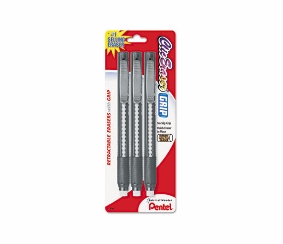 PENZE21BP3K6 Clic Eraser Pencil-Style Grip Eraser, Assorted, 3/Pack By PENTEL OF AMERICA