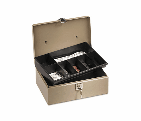 PMC04963 Lock'n Latch Steel Cash Box w/7 Compartments, Key Lock, Pebble Beige By PM COMPANY