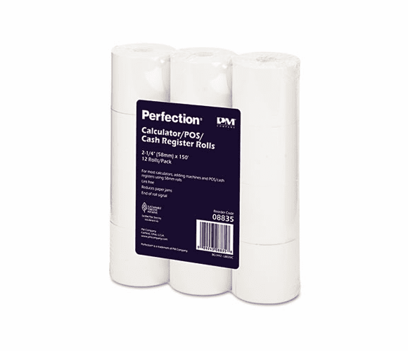 PMC08835 Paper Rolls, One-Ply Cash Register/Add Roll, 2-1/4" x 150 ft, White, 12/Pack By PM COMPANY