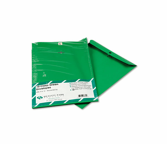 QUA38735 Fashion Color Clasp Envelope, 9 x 12, 28lb, Green, 10/Pack By QUALITY PARK PRODUCTS