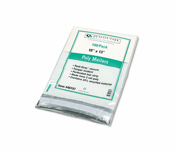 QUA46197 Redi-Strip Poly Mailer, Side Seam, 10 x 13, White, 100/Pack By QUALITY PARK PRODUCTS