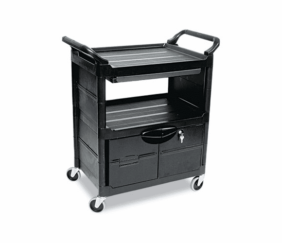 RCP345700BLA Utility Cart w/Locking Doors, 2-Shelf, 33-5/8w x 18-5/8d x 37-3/4h, Black By RUBBERMAID COMMERCIAL PROD.