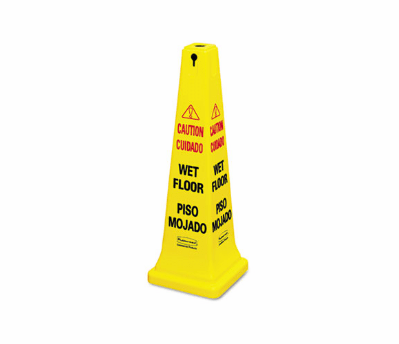 RCP627677 Four-Sided Caution, Wet Floor Yellow Safety Cone, 12-1/4 x 12-1/4 x 36h By RUBBERMAID COMMERCIAL PROD.