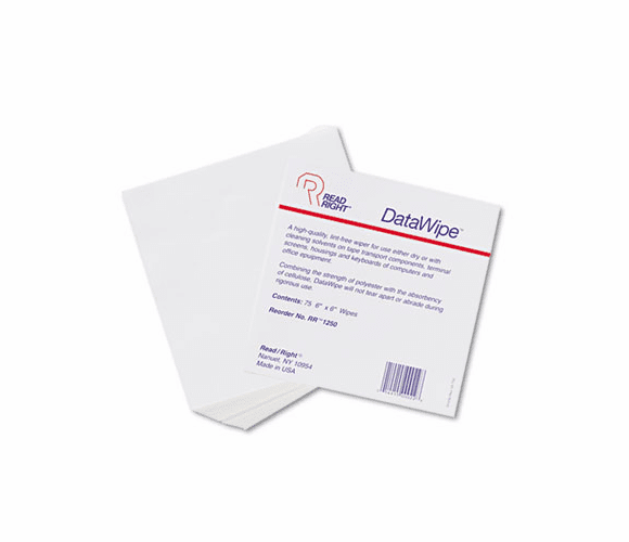REARR1250 DataWipe Office Equipment Cleaner, Cloth, 6 x 6, White, 75/Pack By READ/RIGHT
