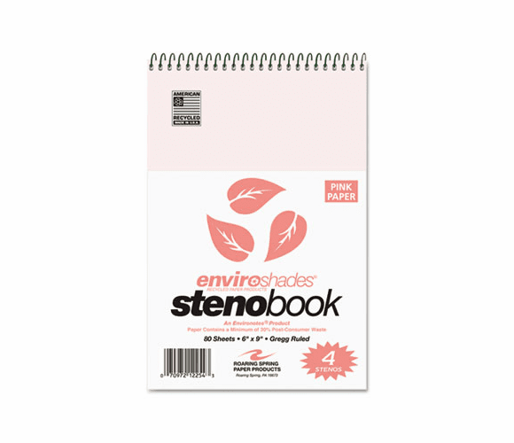 ROA12254 Enviroshades Steno Notebook, Gregg, 6 x 9, Pink, 80 Sheets/Pad, 4/Pack By ROARING SPRING PAPER PRODUCTS