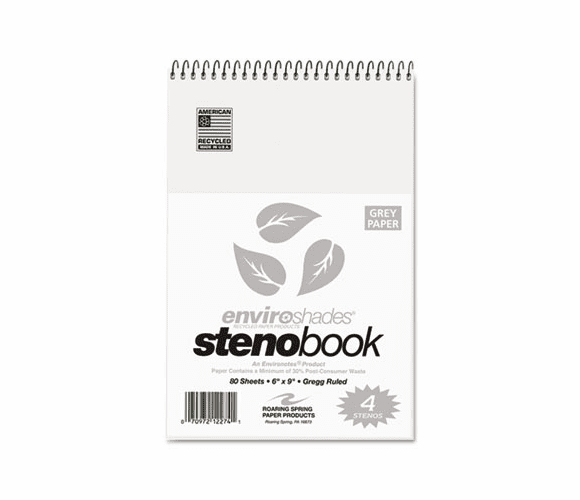 ROA12274 Enviroshades Steno Notebook, Gregg, 6 x 9, Gray, 80 Sheets/Pad, 4/Pack By ROARING SPRING PAPER PRODUCTS