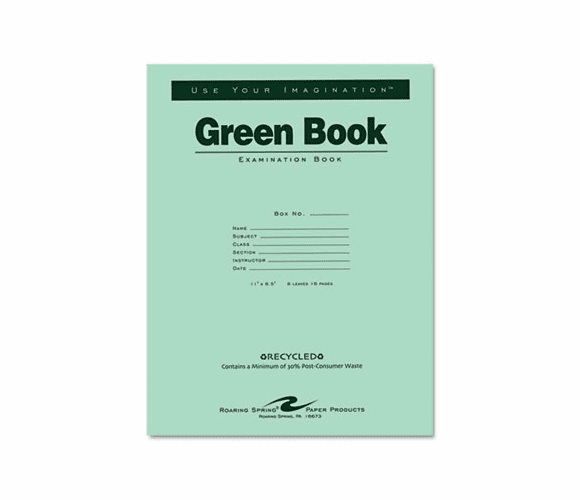 ROA77509 Green Books Exam Books, Stapled, Wide Rule,11 x 8 1/2, 8 Sheets/16 Pages By ROARING SPRING PAPER PRODUCTS