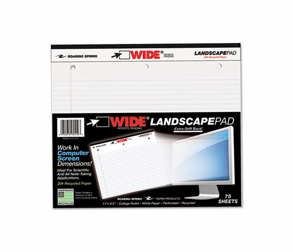 ROA95510 Landscape Format Writing Pad, College Ruled, 11 x 9-1/2, White, 75 Sheets/Pad By ROARING SPRING PAPER PRODUCTS