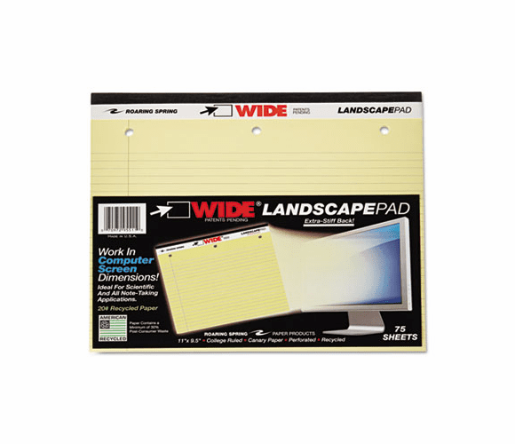 ROA95511 Landscape Format Writing Pad, College Ruled, 11 x 9-1/2, Canary, 75 Sheets/Pad By ROARING SPRING PAPER PRODUCTS