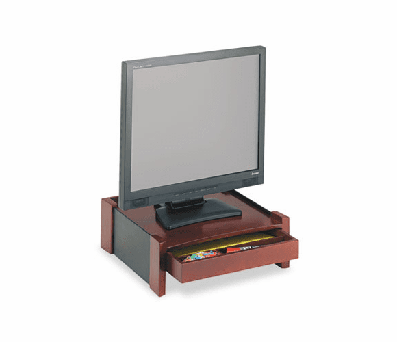 ROL81776 Monitor Stand, Drawer/Cord Organizer, 14 1/2 x 13 1/2 x 5 1/8, Black/Mahogany By RUBBERMAID