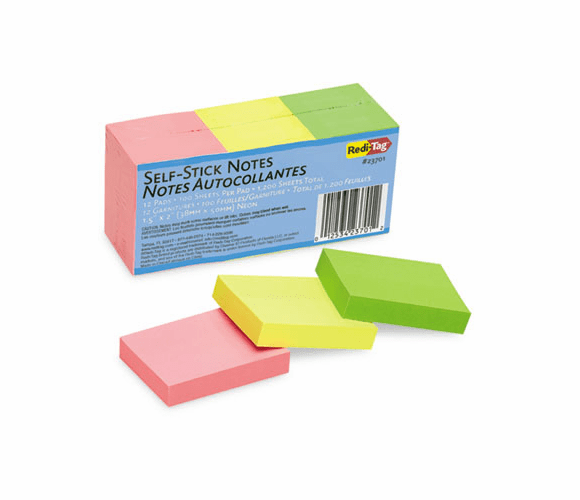 RTG23701 Self-Stick Notes, 1 1/2 x 2, Neon, 12 100-Sheet Pads/Pack By REDI-TAG CORPORATION