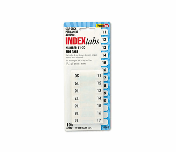 RTG31002 Side-Mount Self-Stick Plastic Index Tabs Nos 11-20, 1in, White, 104/Pack By REDI-TAG CORPORATION